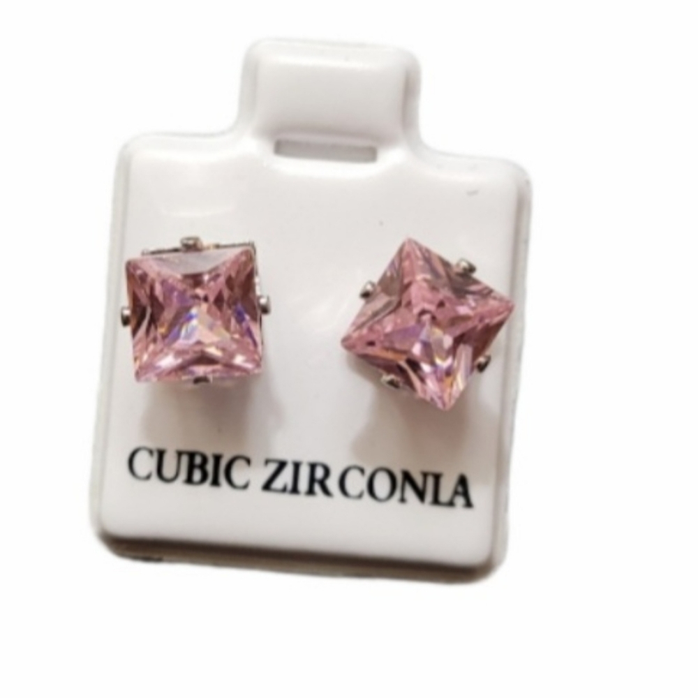CUBIC ZIRCONIA SQUARE STUD EARRINGS - PINK, 6MM